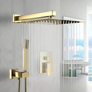 Dual Shower Head with 1.8 GPM 10 in. Wall Mount Rain Fixed Shower System with Rough-in Valve Gold