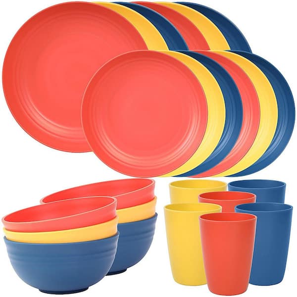 24-Piece Plastic Dinnerware Set in Multicolor, Unbreakable Plates and Bowls for Kitchen and Dining (Service for 6)