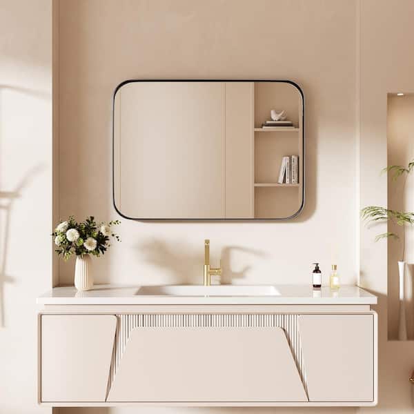 22 in. W x 30 in. H Tempered Glass Rounded Rectangle Framed Wall-Mounted Bathroom Vanity Mirror in Black