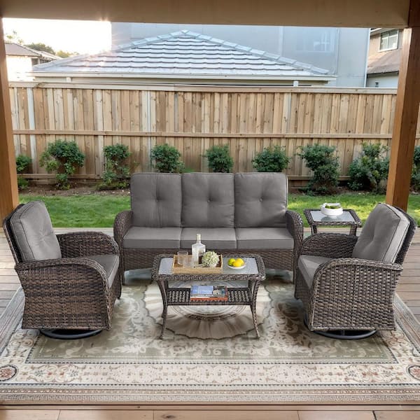 Brown 5-Piece Wicker Patio Conversation Set with Swivel Rockers, Outdoor Sofa Seating Set with Olefin Gray Cushions