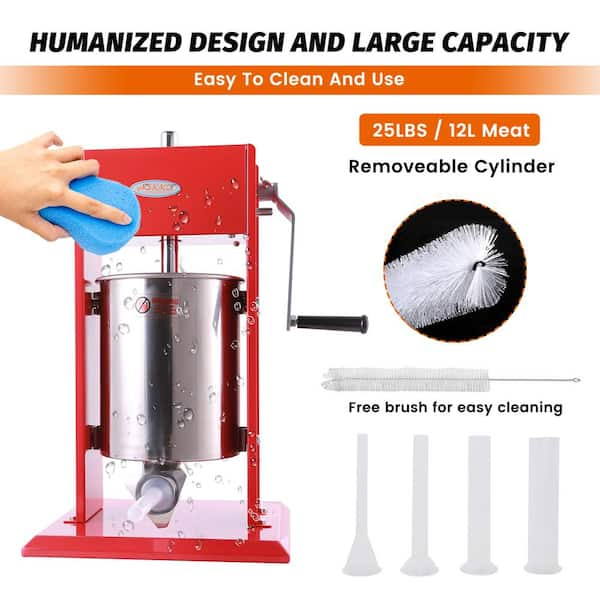 Commercial 25 lbs. / 12 L Stainless Steel Dual Speed Vertical Sausage Stuffer Meat Filler with 4-Stuffing Tubes