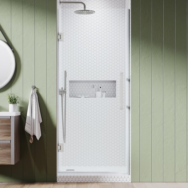Tampa-Pro 24 1/8 in. - 24 11/16 in. W x 72 in. H Pivot Frameless Shower in Satin Nickel