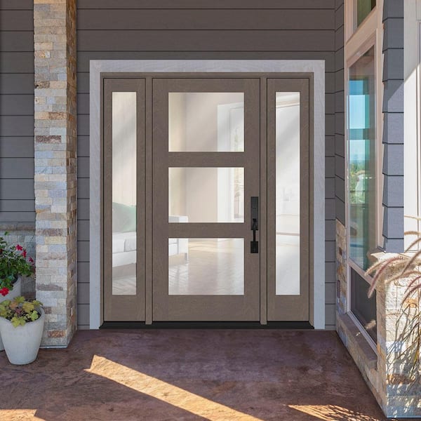 Regency 64 in. x 80 in. Modern 3Lite Equal Clear Glass LHIS Ashwood Mahogany Fiberglass Prehung Front Door w/Db 12 in.SL