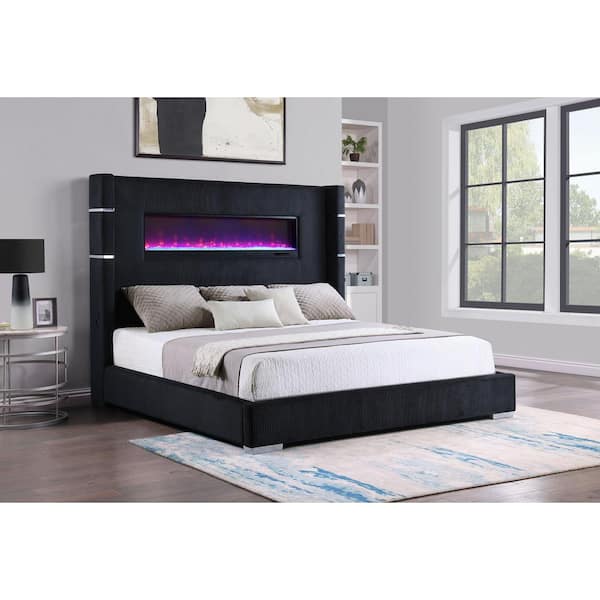 Tisdall Black Wood Frame Upholstered Eastern King Panel Bed with Fireplace and Wingback Headboard