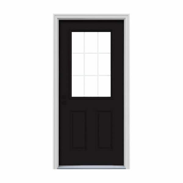 JELD-WEN 36 in. x 80 in. 9 Lite Black Painted Steel Prehung Right-Hand Inswing Entry Door w/Brickmould