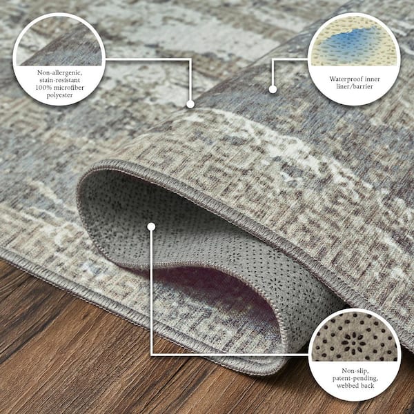 Amaya Bordered Abstract Greige Washable Rug 6 ft. x 9 ft. Area Rug