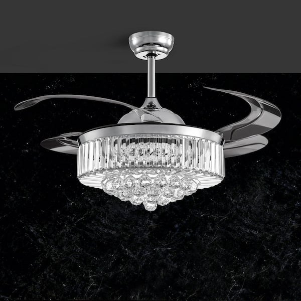 48 in. Indoor Chrome Color Smart Retractable Crystal Ceiling Fan with Adjustable LED Light Included with Remote