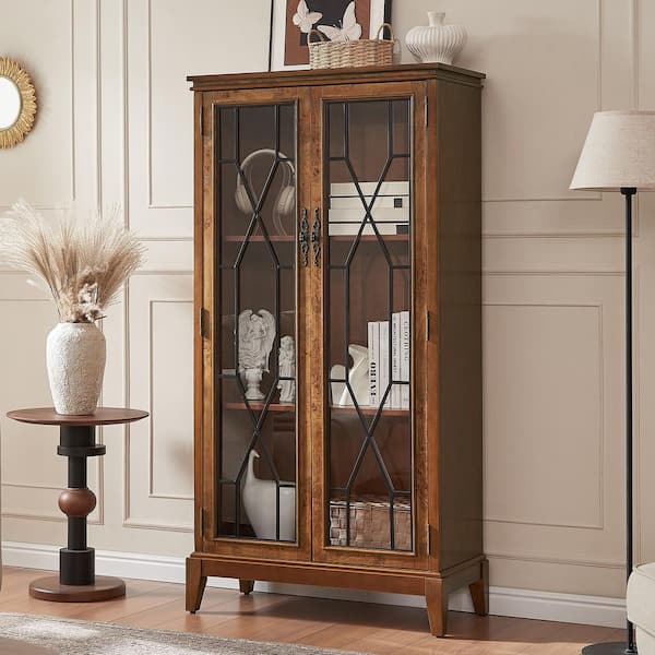 Classic Camphor Burl Cherry Coated Wood Sideboard Buffet Adjustable Storage Tall Accent Cabinet for Kitchen Dining Room