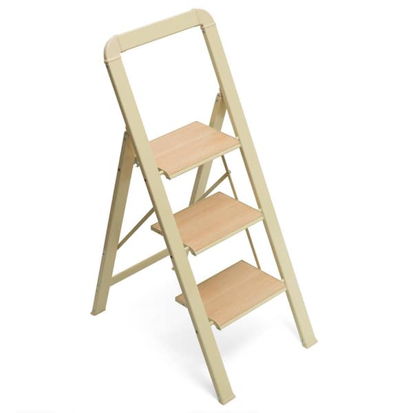 Unbranded Beige 3-Step Aluminium Lightweight Step Stool Ladder, Folding Step Ladders 580 lbs Load Capacity (8ft. Reach Height)