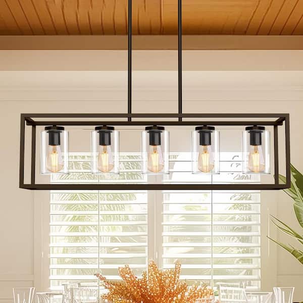 5-Light Dimmable Matte Black Linear Rectangle Chandelier Kitchen Island Pendant Light with Clear Glass Shade