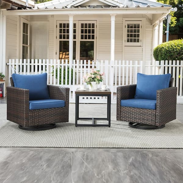 moosprr U-Foot 3-Piece Brown Swivel Glider Wicker Outdoor Rocking Chair with Blue Cushions and Side Table