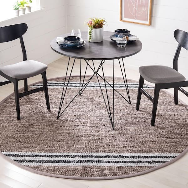 Vintage Leather 7 ft. x 7 ft. Gray/Ivory Border Striped Round Area Rug