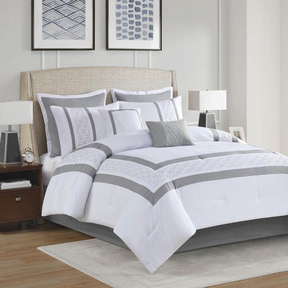 California King White Microfiber 8-Piece Embroidered Comforter Set