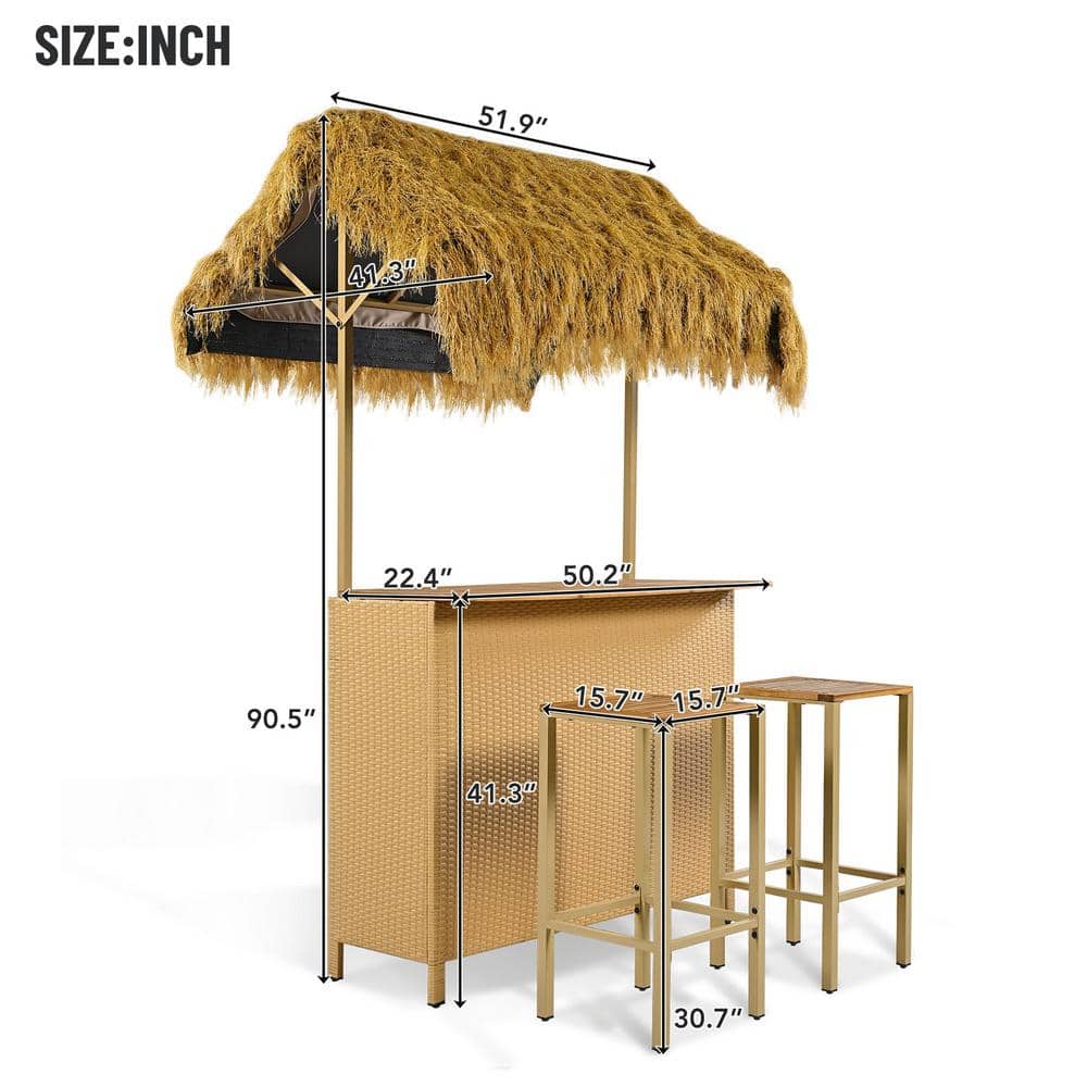 3-Piece Beige and Brown Wood Outdoor Bar Set with Canopy