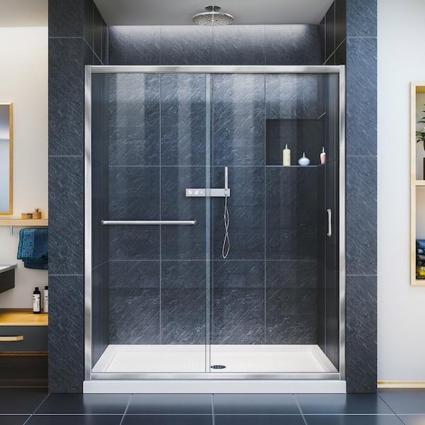DreamLine Infinity-Z 30 in. x 60 in. Semi-Frameless Sliding Shower Door in Chrome with Center Drain White Acrylic Base