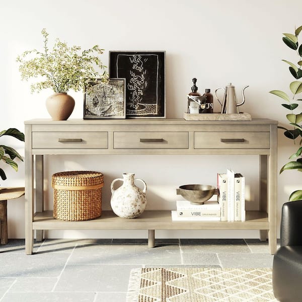59.1 in. Gray Rectangle Wood Console Table with 1-Shelf, Entrance Table for Entryway, Hallway, Living Room
