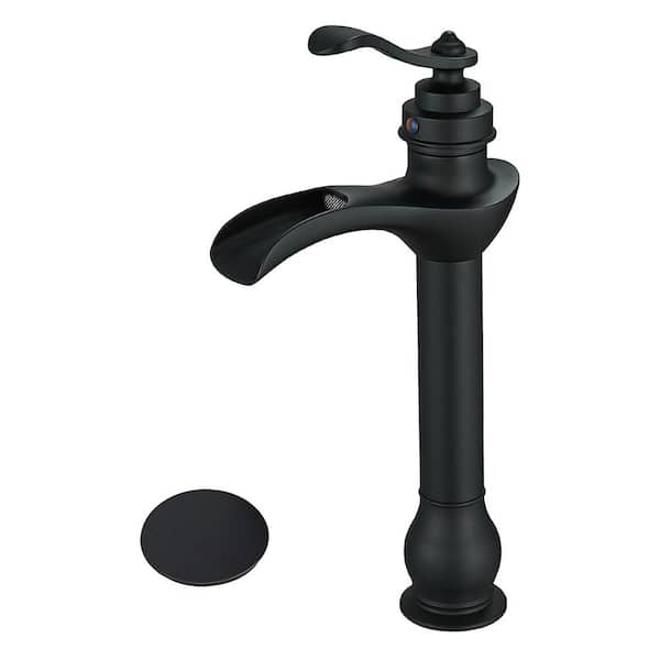PERLIRIA INC Waterfall Single Hole Single Handle Bathroom Vessel Sink Faucet with Drain Assembly in Matte Black