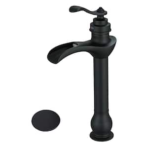 Waterfall Single Hole Single Handle Bathroom Vessel Sink Faucet with Drain Assembly in Matte Black