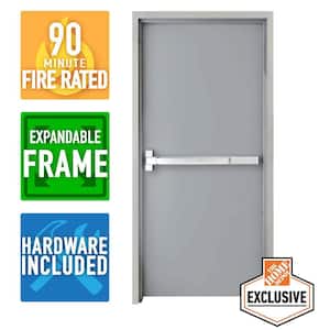 36 in. x 80 in. Fire-Rated Right-Hand Galvanneal Finish Steel Commercial Door Slab with Panic Bar and Adjustable Frame