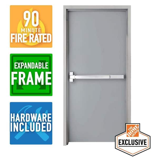 Armor Door 36 in. x 80 in. Fire-Rated Right-Hand Galvanneal Finish Steel Commercial Door Slab with Panic Bar and Adjustable Frame