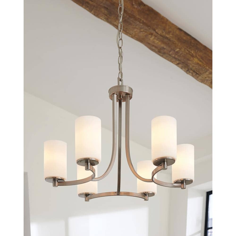 Brushed Nickel Six-Light Chandelier with Etched Glass Shades