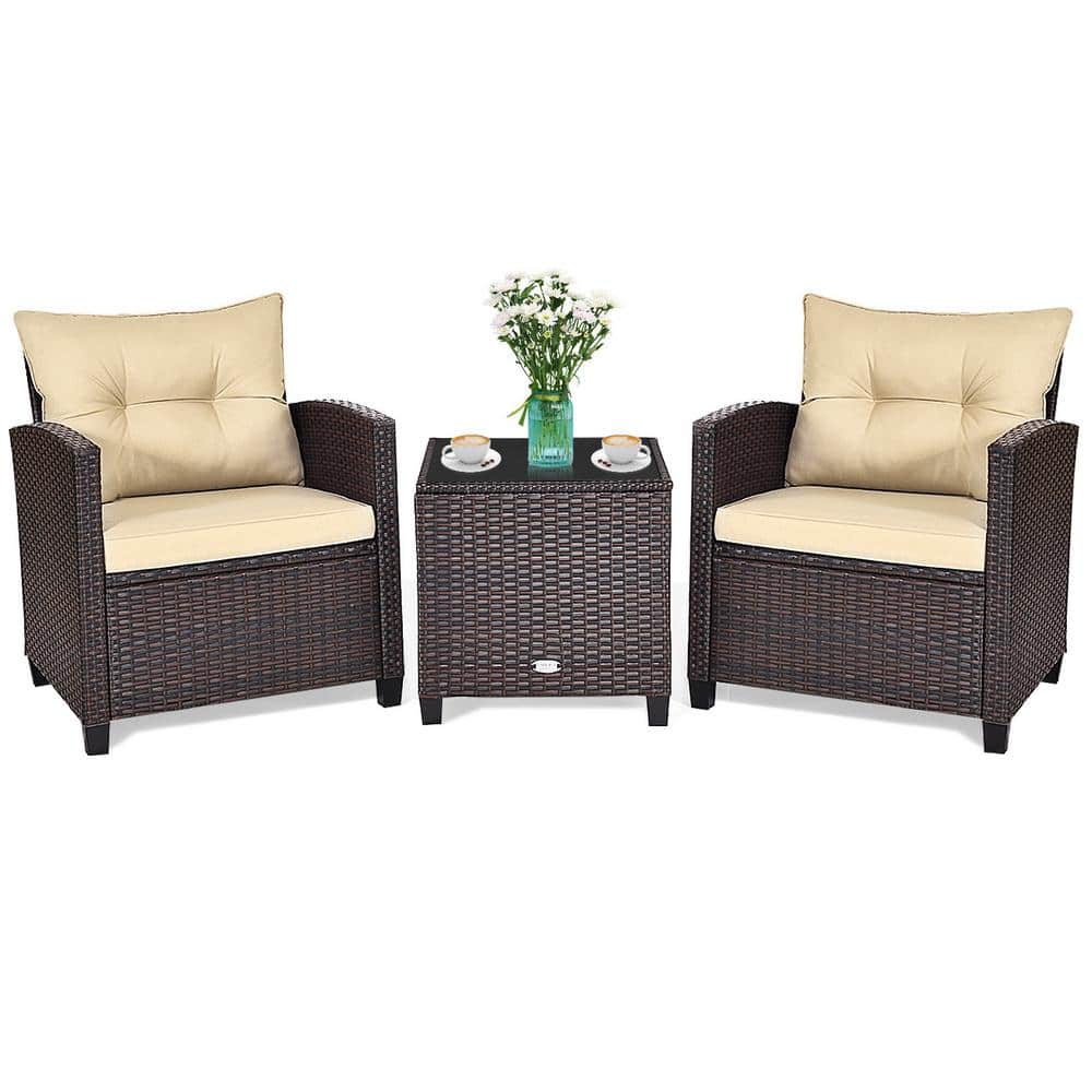 3-Piece Rattan Wicker Patio Conversation Set with Washable Beige Cushions