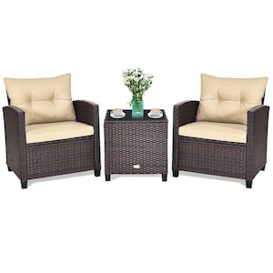 3-Piece Rattan Wicker Patio Conversation Set with Washable Beige Cushions