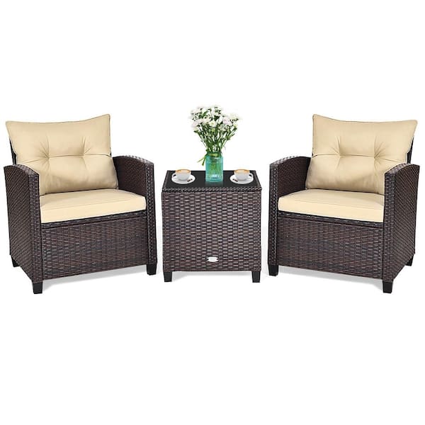 Unbranded 3-Piece Rattan Wicker Patio Conversation Set with Washable Beige Cushions