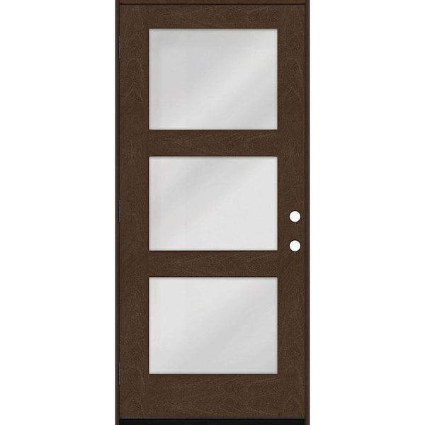 Steves & Sons Regency 30 in. x 80 in. Modern 3-Lite Equal Clear Glass RHOS Hickory Stain Mahogany Fiberglass Prehung Front Door