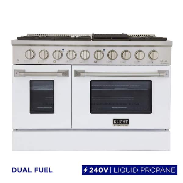 48 in. 6.7 cu. ft. LP ready Double Oven Dual Fuel Range with Gas Stove and Electric Oven in White