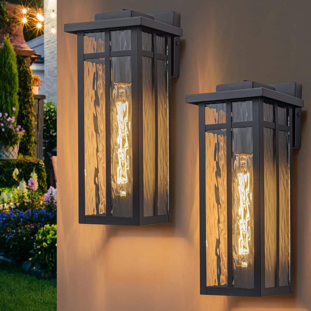 15 in. Matte Black Outdoor Hardwired Wall Lantern Sconces with Water Glass, No Bulbs Included (2-Pack) price history on PriceWatchPro