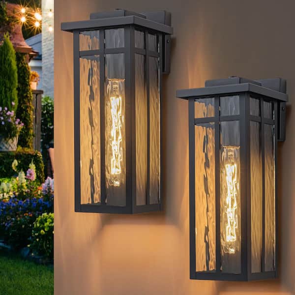 15 in. Matte Black Outdoor Hardwired Wall Lantern Sconces with Water Glass, No Bulbs Included (2-Pack)