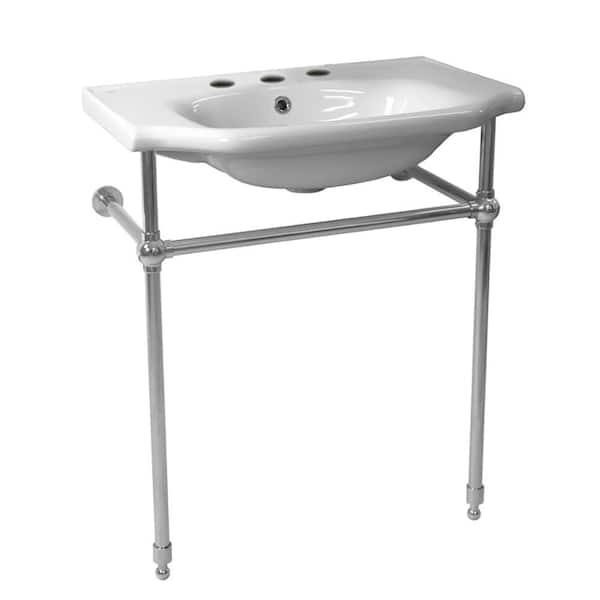 Nameeks Yeni Klasik Ceramic Console Bathroom Sink in White with 3 Faucet Holes and Chrome Stand