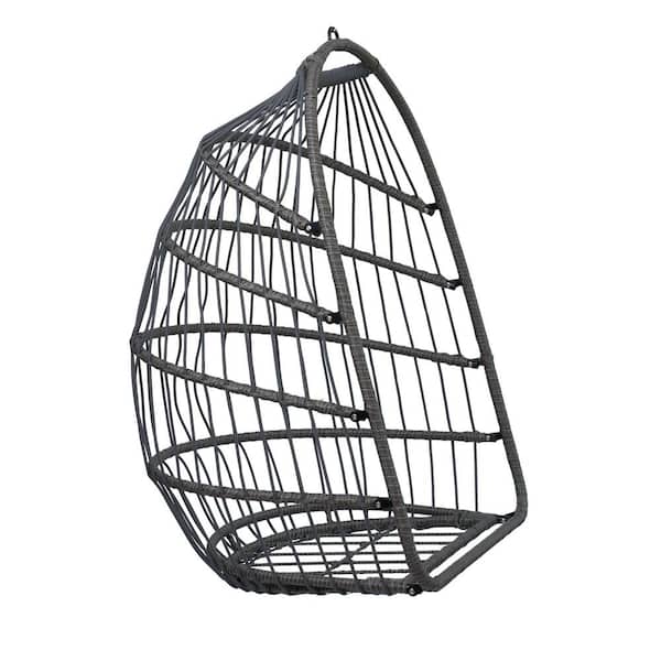 Black Swinging Wicker Outdoor Lounge Chair with Stand and Gray Cushions