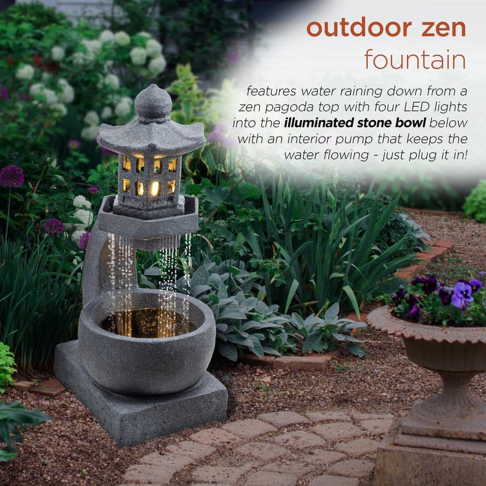 Gray Cement Zen Pagoda Fountain with LED Lights, 31"