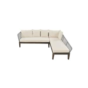 2 Pcs Gray Hand-Woven Wicker Outdoor Patio Sectional Sofa Set with Beige Cushions