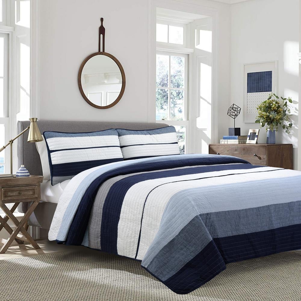 Cozy Line Home Fashions Tranquil Blue Gray Stripes 3-Piece Cotton