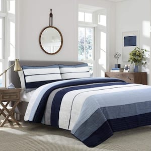 Tranquil Blue Gray Stripes 3-Piece Cotton Queen Quilt Bedding Set