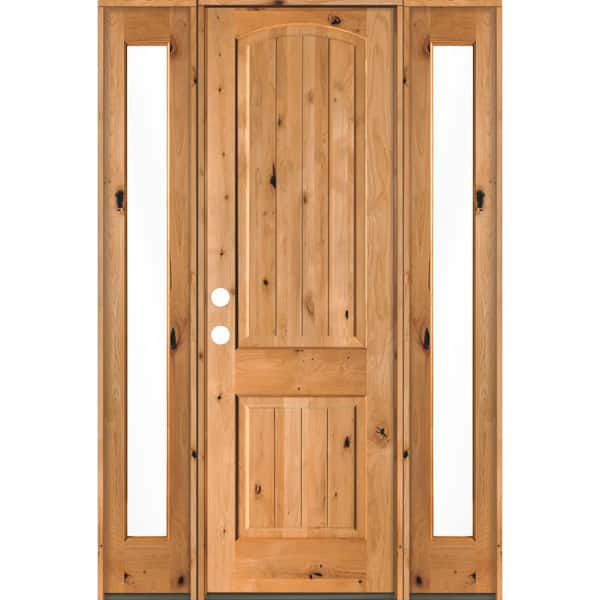 Krosswood Doors 58 in. x 96 in. Rustic Knotty Alder Arch clear stain Wood w.V-Groove Right Hand Single Prehung Front Door/Full Sidelites