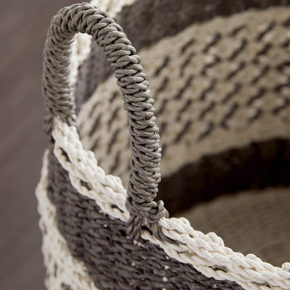Gray and Beige Round Woven Plastic Storage Baskets, Set of 3