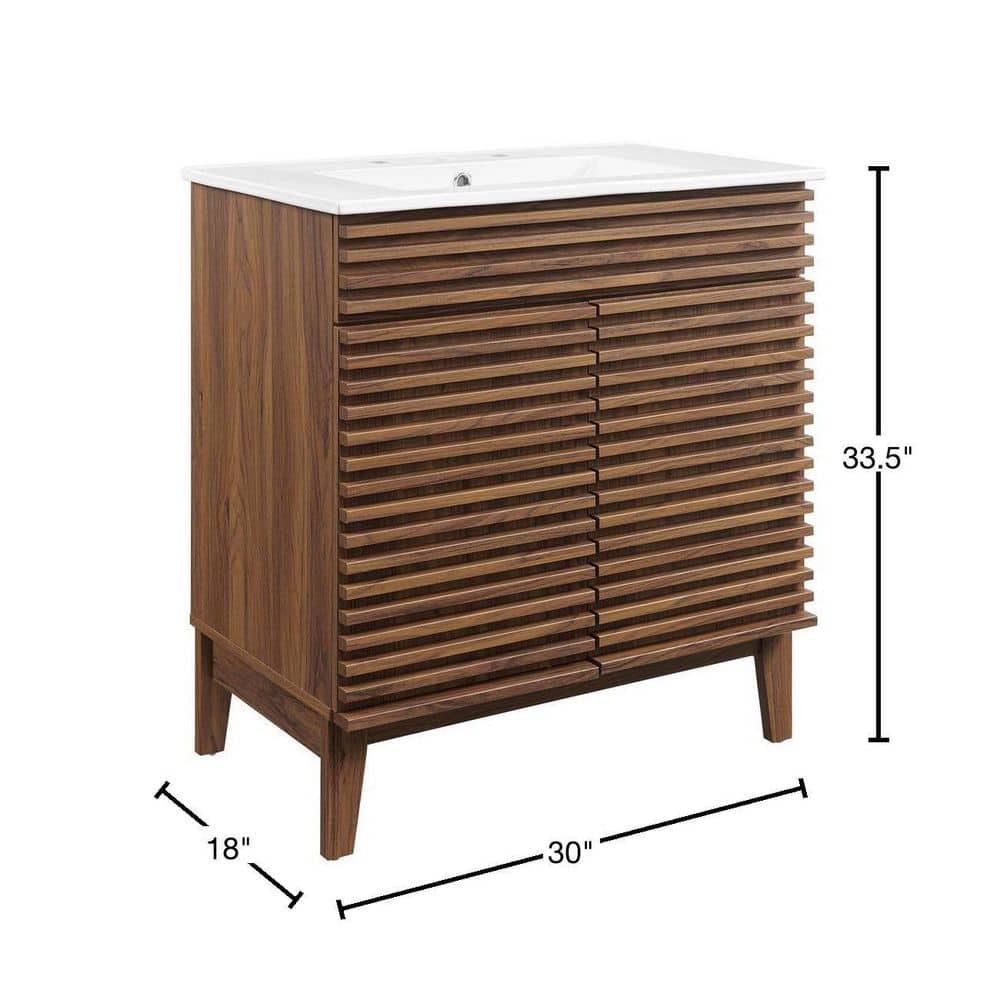 Mid-Century Modern 30" Walnut White Vanity Cabinet with Ceramic Basin