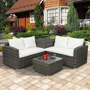 4-Piece Wicker Patio Conversation Set with Beige Cushions and Storage Box