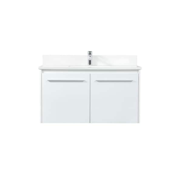Unbranded Simply Living 36 in. W x 18 in. D x 19.7 in. H Bath Vanity in White with Ivory White Engineered Marble Top