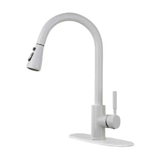 Single-Handle Deck Mount Pull Down Sprayer Kitchen Faucet with Deckplate Included in Stainless Stee Matte White