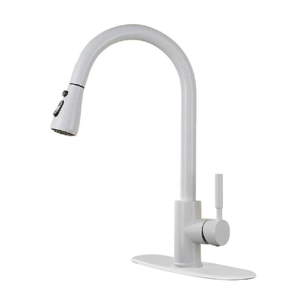 YASINU Single-Handle Deck Mount Pull Down Sprayer Kitchen Faucet with Deckplate Included in Stainless Stee Matte White