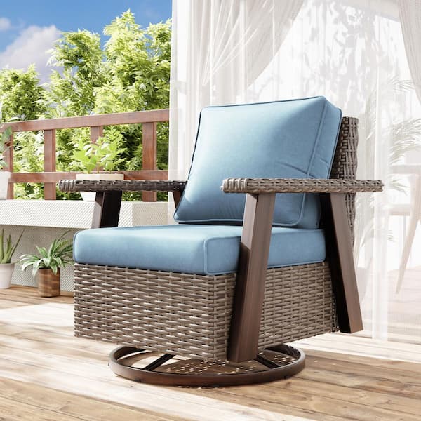 JOYSIDE Wicker Patio Outdoor Rocking Chair Swivel Lounge Chair with Baby Blue Cushion