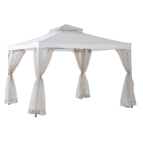 10 ft. x 10 ft. Outdoor Modern 2-Tier Steel Frame Soft Top Gazebo with Mesh Netting for Backyard & Patio-Beige & White