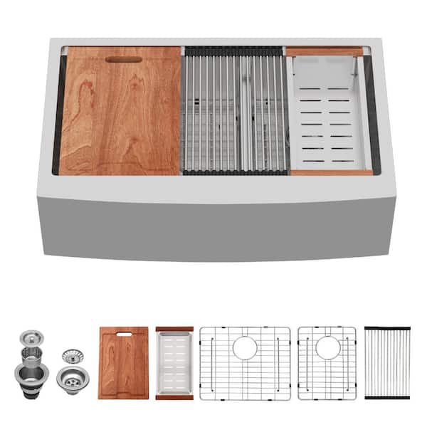 36 in. Apron Front Farmhouse 60/40 Double Bowl 16-Gauge Stainless Steel Workstation Kitchen Sink with Low Divide