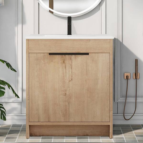 FUNKOL 30 in. W x 18.3 in. D x 34.25 in. H Modern Simplicity Freestanding Bathroom Vanity with White Sink and 1 Shelf in Wooden