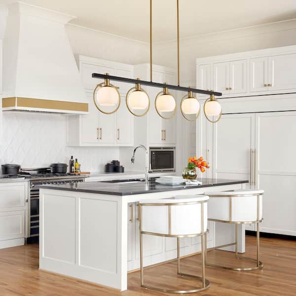 41.73 in. 5-Light Black and Gold Chandelier with White Glass Globe Shade for Kitchen, Living Room (No Bulbs Included)